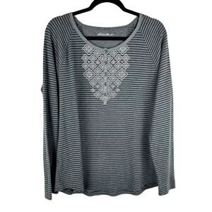 Eddie Bauer Outdoor Henley‎ Long Sleeve Shirt Gray Black Geometric Print XL